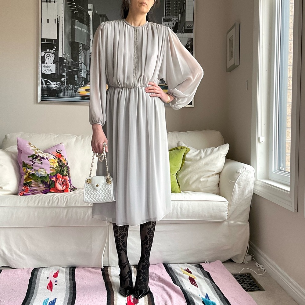 Vintage Union label beaded sequined sheer grey midi dress